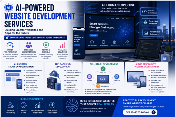 AI-powered website development services creating smart, responsive websites and web applications with modern technology and automation.